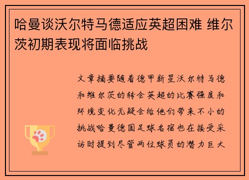哈曼谈沃尔特马德适应英超困难 维尔茨初期表现将面临挑战
